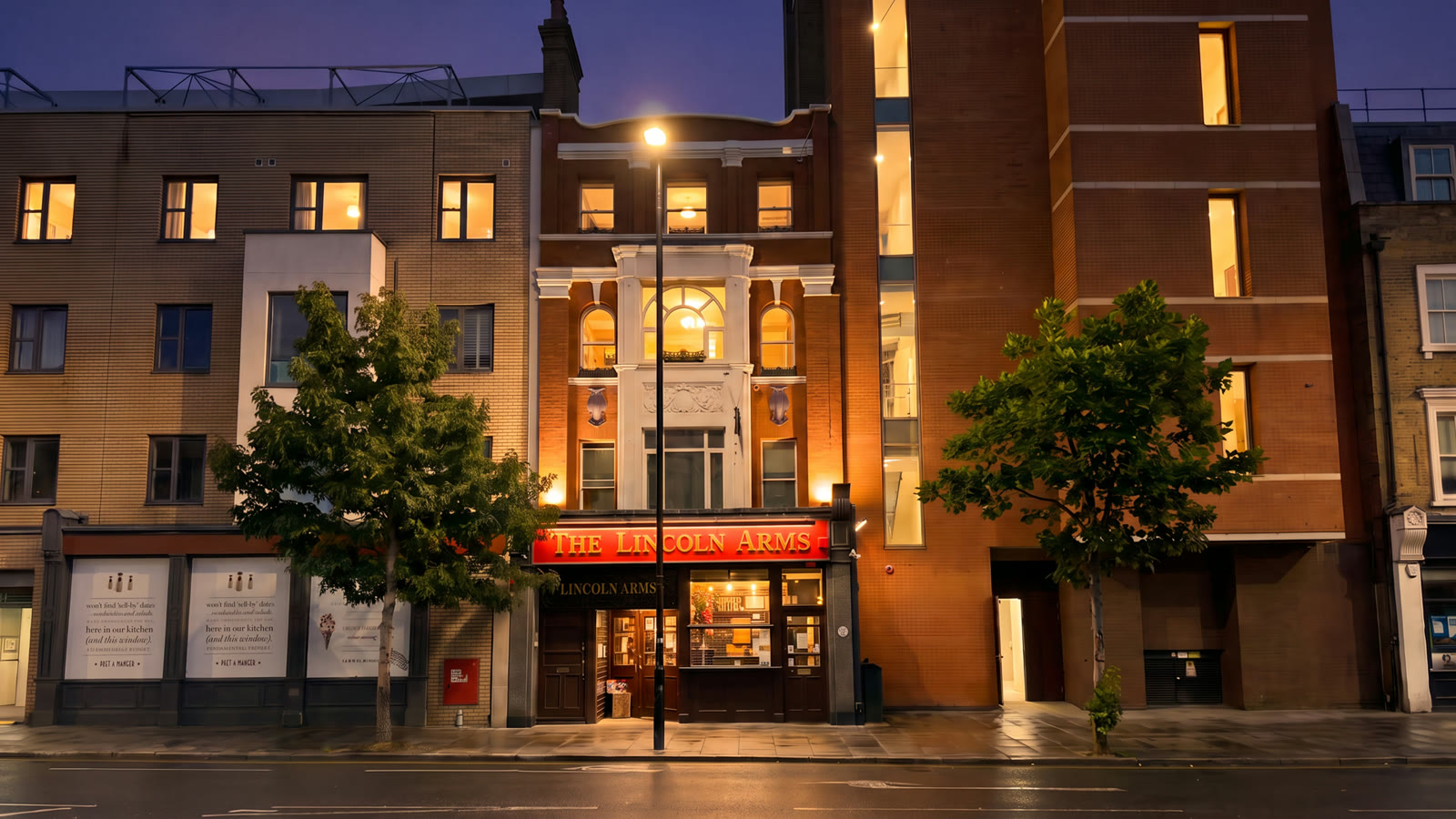 The York's facade at dusk