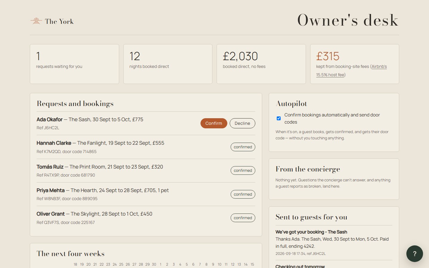 The owner's desk: bookings, requests and the fee kept