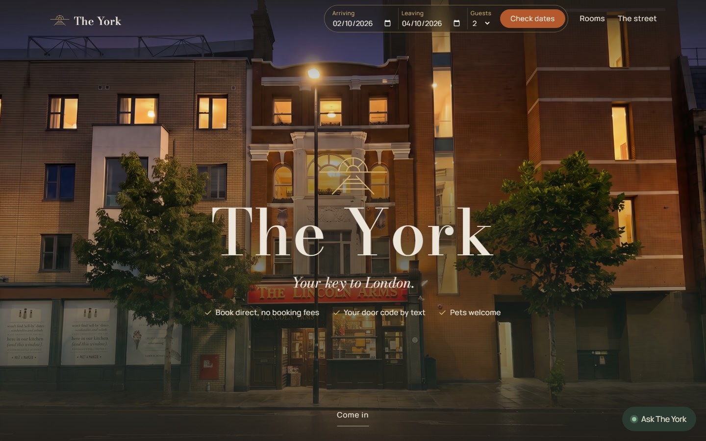 The York's redesigned website: the facade at dusk, the gold mark, The York in serif type and the motto Your key to London