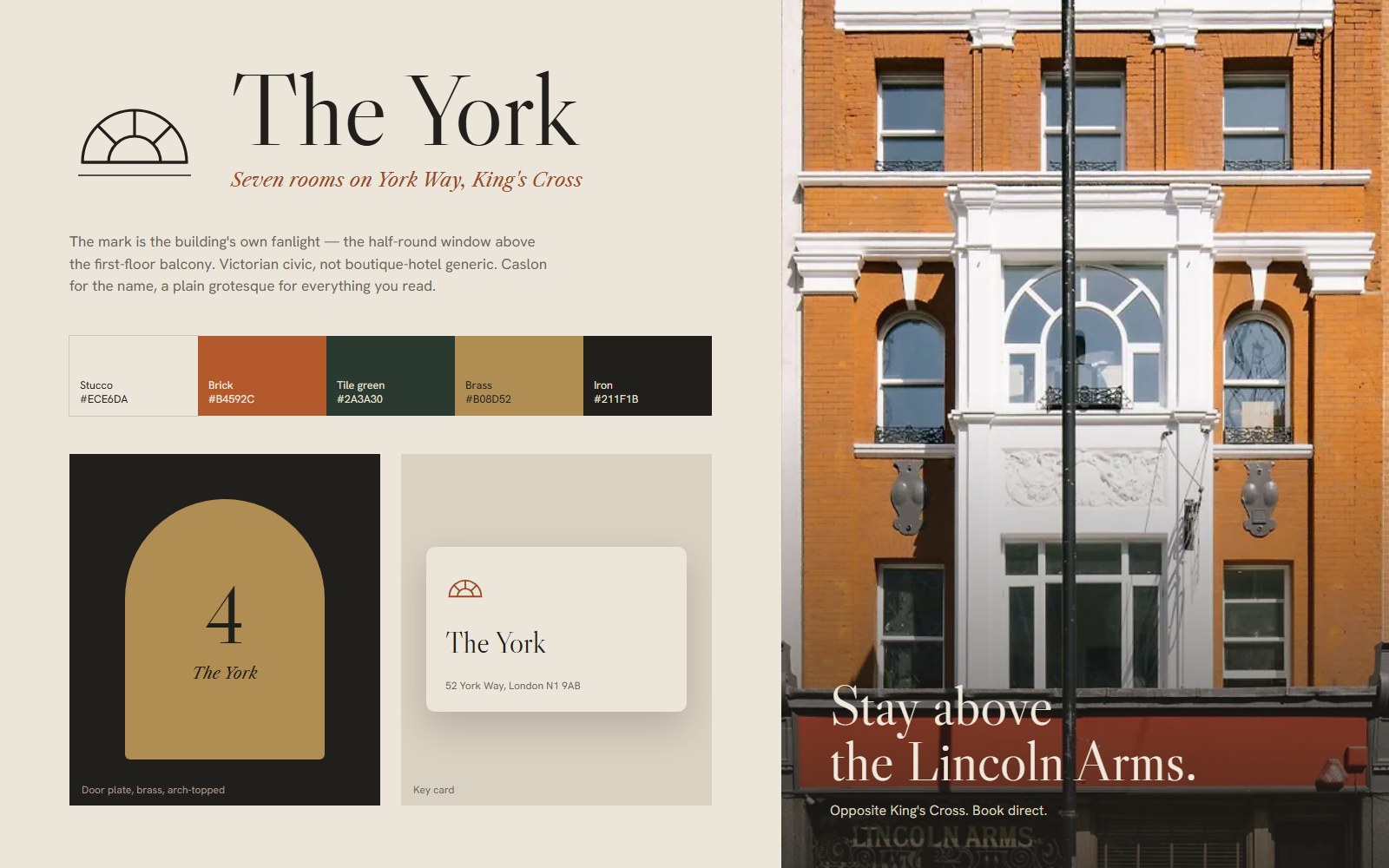 Brand board: The York wordmark and mark, the colour palette, a room number plate and a key card